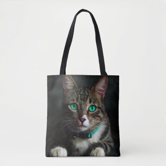 Graue und weiße Katze mit blauen Augen und Matchin Tasche (Vorderseite)