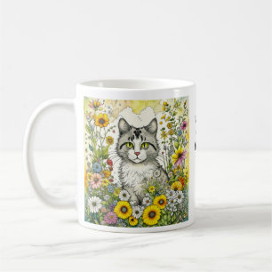 Graue und weiße Katze Sitzen in Blume Kaffeetasse