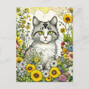 Graue und weiße Katze Sitzen in Blume Postkarte