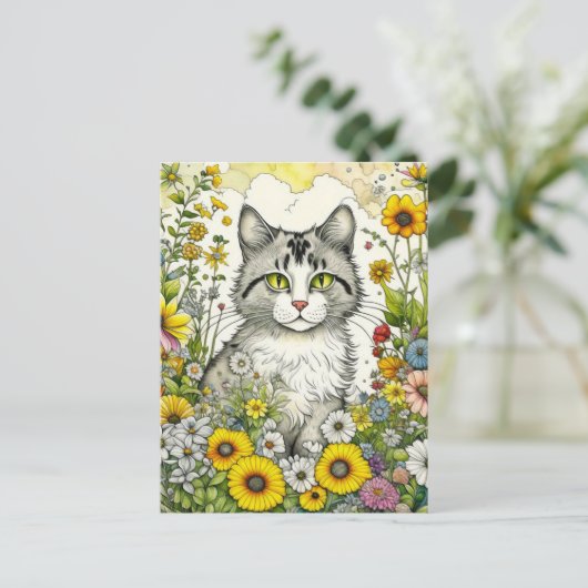 Graue und weiße Katze Sitzen in Blume Postkarte (Stehend Vorderseite)