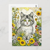 Graue und weiße Katze Sitzen in Blume Postkarte (Vorne/Hinten)