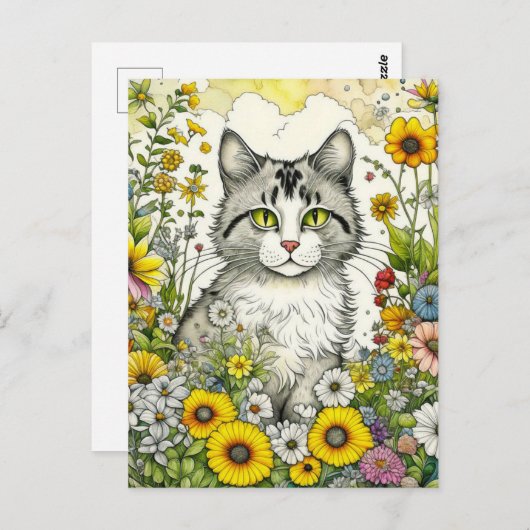Graue und weiße Katze Sitzen in Blume Postkarte (Vorne/Hinten)