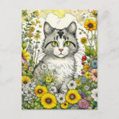 Graue und weiße Katze Sitzen in Blume Postkarte (Vorderseite)