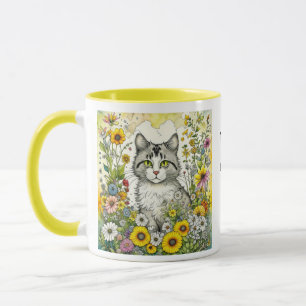 Graue und weiße Katze Sitzen in Blume Tasse