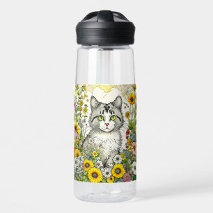 Graue und weiße Katze Sitzen in Blume Trinkflasche