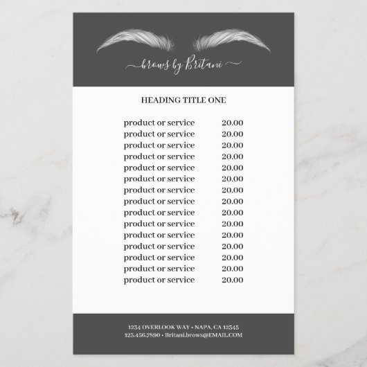 Graue und weiße Lashes & Brows Preise & Services Flyer (Vorne)
