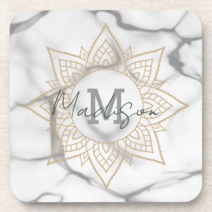 Graue und weiße Marmoreffekte Gold Mandala Monogra Getränkeuntersetzer