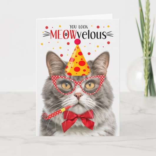 Graue und weiße Marmorkatze MEOWvelous Birthday Karte (Vorderseite)