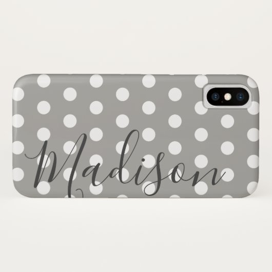 Graue und weiße Polka Dot Personalisierter Name Case-Mate iPhone Hülle (Rückseite (Horizontal))