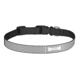 Graue und weiße Polka-Punkte mit Knochen und Namen Haustierhalsband
