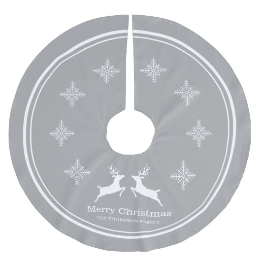 Graue und weiße Rentiere mit Schneeflocken Weihnac Polyester Weihnachtsbaumdecke (Vorderseite)