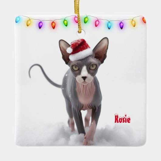 Graue und weiße Sphynx Weihnachten Keramikornament (Vorderseite)