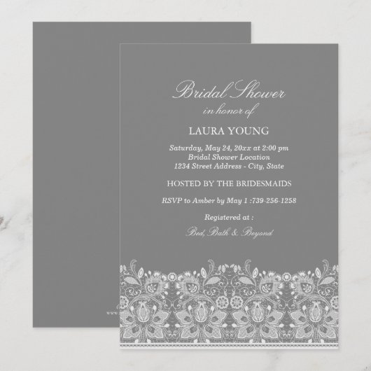 Graue und weiße Spitzen | Brautdusche Einladung (Vorne/Hinten)