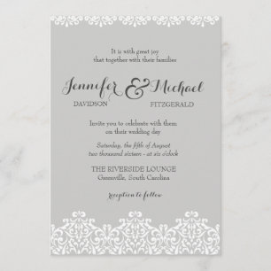 Graue und weiße Spitzen Elegantes Hochzeitsempfang Einladung