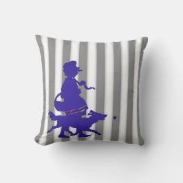 Graue und weiße Streifen Kind & Hund Blaue Silhoue Kissen