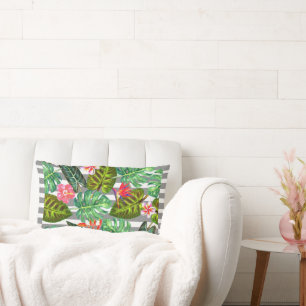 Graue und weiße Streifen tropische Blätter Kissen