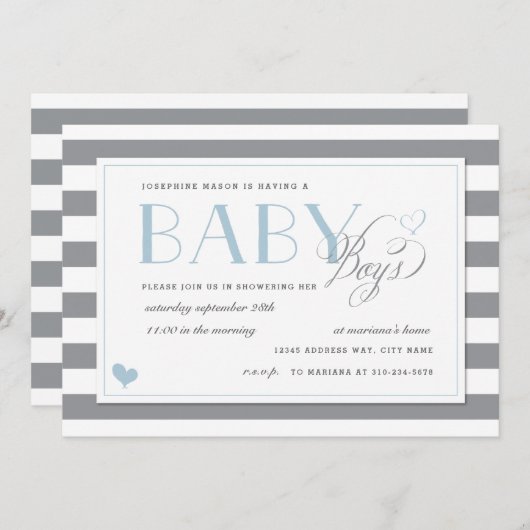 Graue und weiße Stripe Twins Baby Boy Dusche Blau Einladung (Vorne/Hinten)