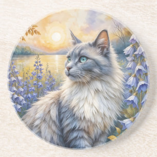 Graue und weiße Tigkatze mit violetten Blumen Getränkeuntersetzer