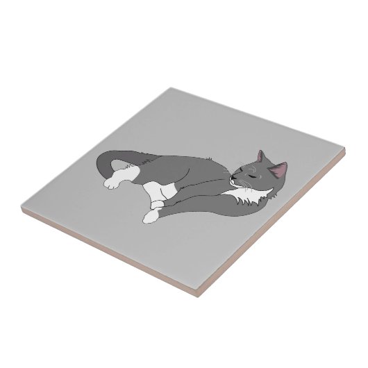 Graue und weiße Tuxedo Katze Fliese (Seite)
