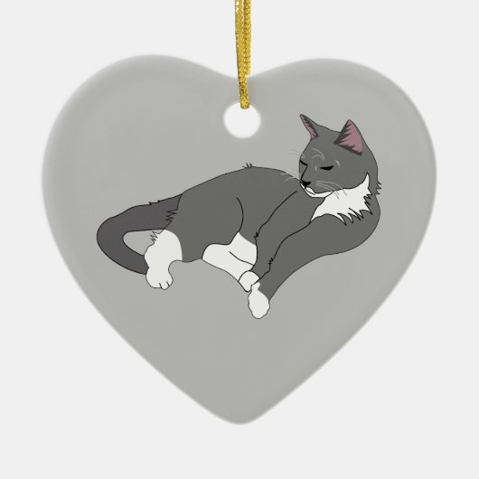 Graue und weiße Tuxedo Katze Keramik Ornament (Vorne)