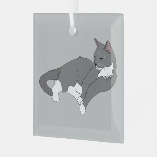 Graue und weiße Tuxedo Katze Ornament Aus Glas (Vorderseite links)