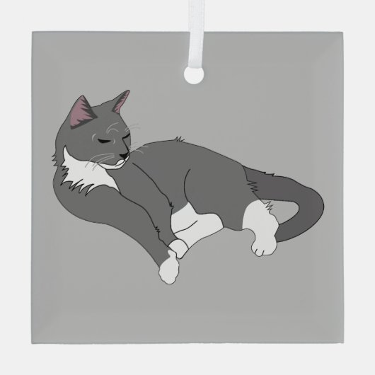 Graue und weiße Tuxedo Katze Ornament Aus Glas (Rückseite)