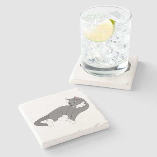 Graue und weiße Tuxedo Katze Steinuntersetzer (Seitenansicht)