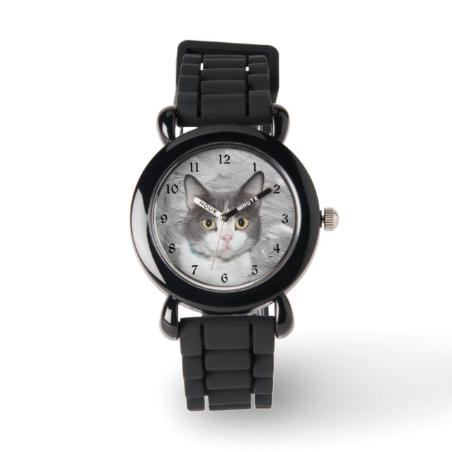 Graue und weiße Tuxedo Kitty Armbanduhr (Vorderseite)