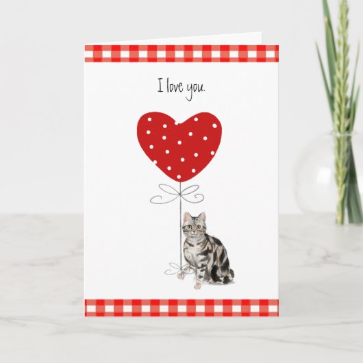 Graue Valentine Katze mit Herzballon Rot & Weiß Karte (Vorderseite)