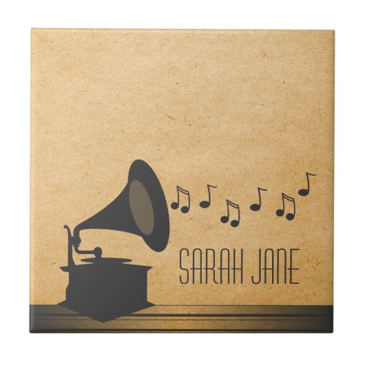 Graue Vintage Gramophone Tile Fliese (Vorderseite)