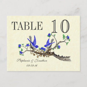 Graue Vintage-Taube mit königsblauen Blüten Tischn Postkarte