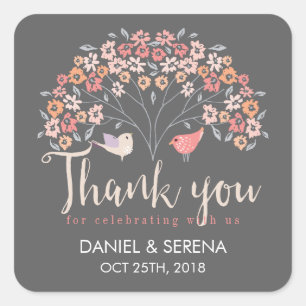 Graue Vögel Florale Schrift Dankeschön Hochzeit-Au Quadratischer Aufkleber