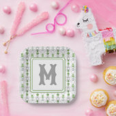 Graue Watercolor-Bogen und Grüne Topiary-Monogramm Pappteller (Party)