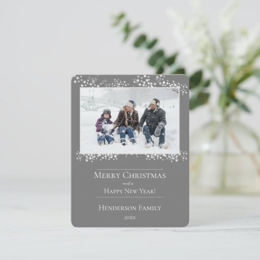 Graue Weihnachtsstars Weihnachtsfotokarte Feiertagskarte (Stehend Vorderseite)