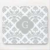 Graue weiße Floral Damask #3 Graues Monogramm-Etik Mousepad (Vorne)