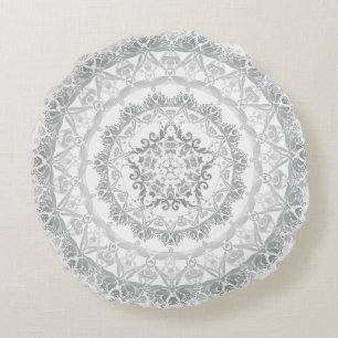 Graue weiße florale Damast-Mandala Rundes Kissen