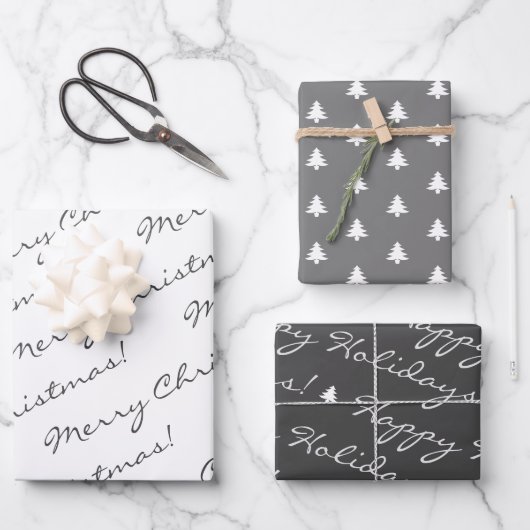 Graue weiße frohe Weihnachtsbaumen Geschenkpapier Set (Vorderseite)