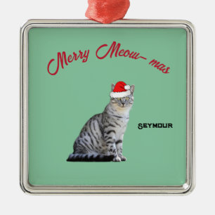 Graue, weiße Katze mit einer Weihnachtsmannmütze Ornament Aus Metall