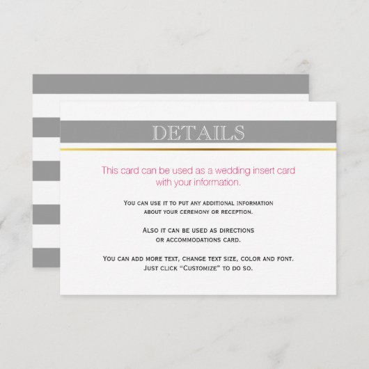 Graue weiße Streifen Gold, rosa Hochzeitskarte Begleitkarte (Vorne/Hinten)