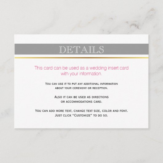 Graue weiße Streifen Gold, rosa Hochzeitskarte Begleitkarte (Vorderseite)