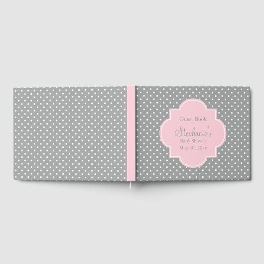 Graue, weiße und pastellrosa Polka Dot Baby Dusche Gästebuch (Voll)