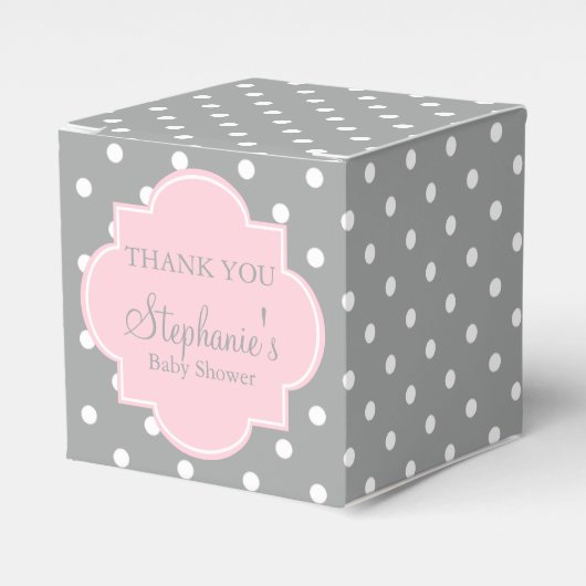 Graue, weiße und pastellrosa Polka Dot Baby Dusche Geschenkschachtel (Vorderseite)