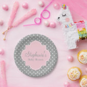 Graue, weiße und pastellrosa Polka Dot Baby Dusche Pappteller (Party)