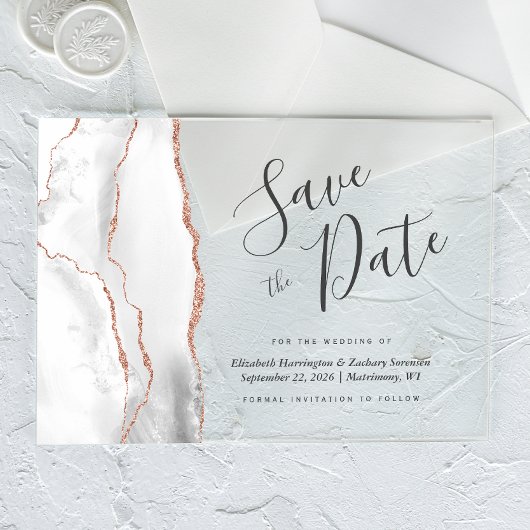 Graue White Rose Gold Agate Save the Date Card Acryleinladungen
