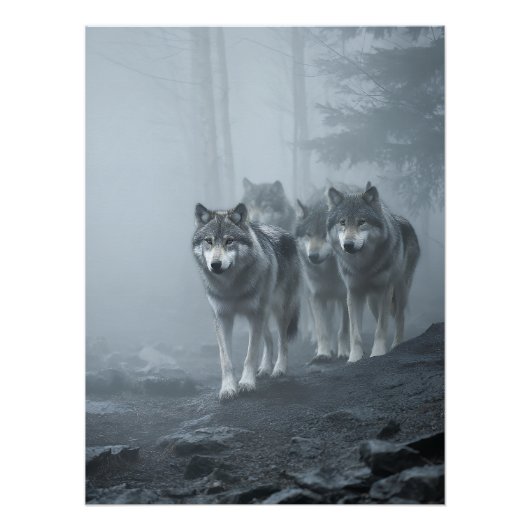 Graue Wölfe im dichten Nebel Poster (Vorderseite)