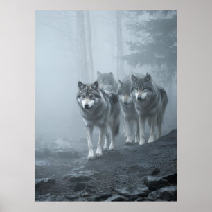 Graue Wölfe im dichten Nebel Poster