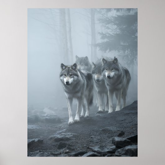 Graue Wölfe im dichten Nebel Poster (Vorne)