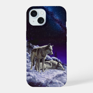 Graue Wölfe im Winterschnee bei Nacht iPhone 15 Hülle