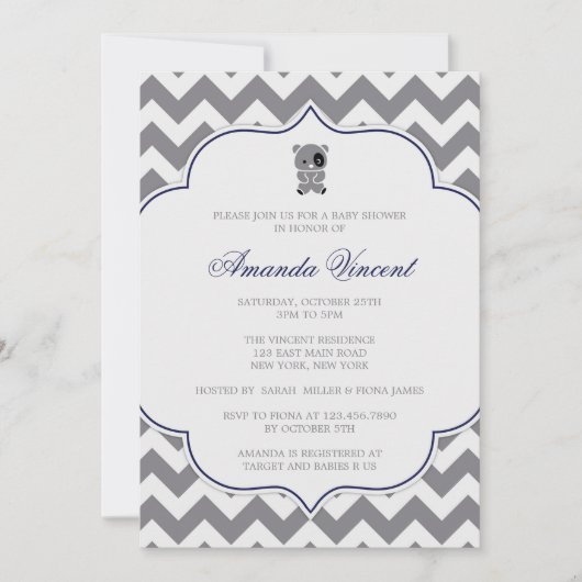 Graue Zickzack Babydusche mit Panda Einladung (Vorderseite)