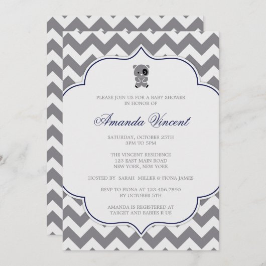 Graue Zickzack Babydusche mit Panda Einladung (Vorne/Hinten)